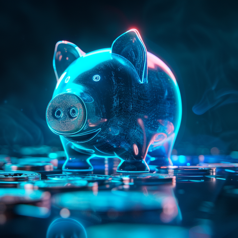 Gläsernes Sparschwein in leuchtendem Neon-Licht steht auf vielen Münzen vor dunklem Hintergrund.